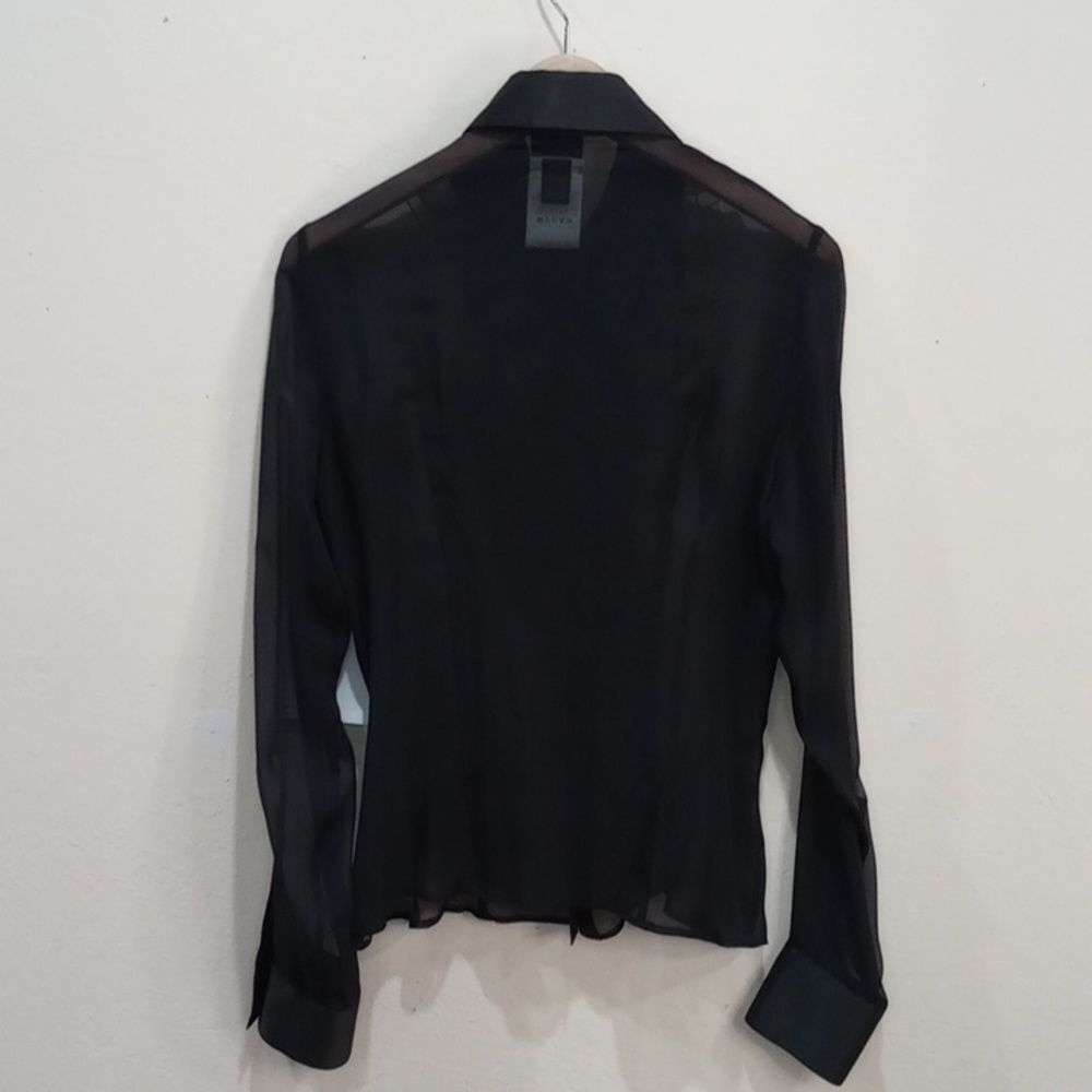 Just Cavalli Sheer Black Silk Blouse with Leopard Ruffle & Satin Trim - 44 / L - Picture 2 of 11